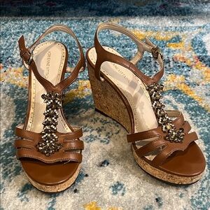 Adrienne Vittadini Tan Embellished Wedge Sandals